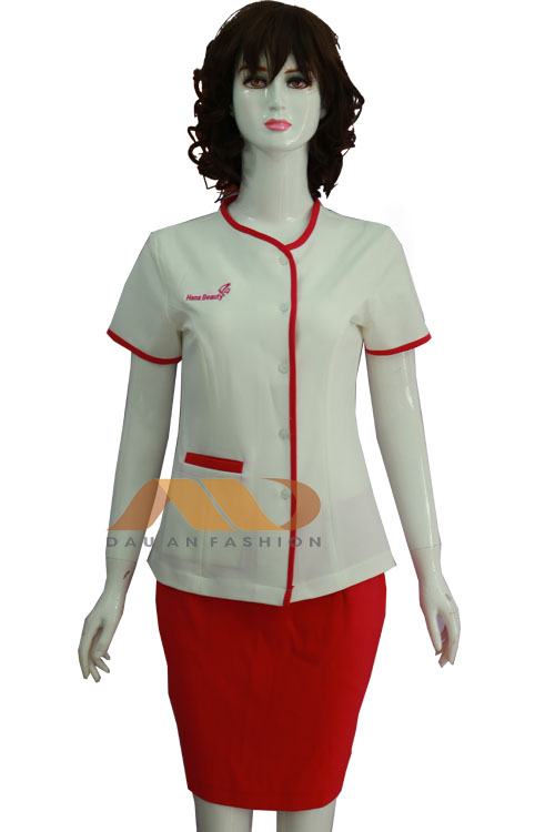Đồng phục nhân viên đầm trắng phối đỏ AS0075