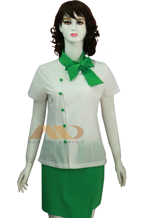 Đồng phục nhân viên đầm trắng phối xanh